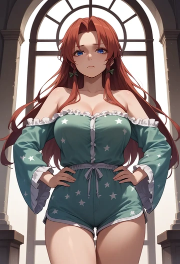 touhou,hong_meiling,pajamas, low-waisted shorts  - AI generated anime art