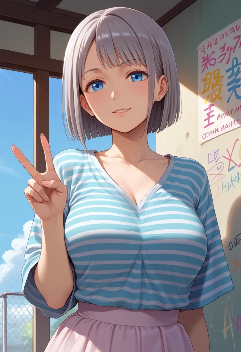 ano_hi_mita_hana_no_namae_wo_bokutachi_wa_mada_shiranai.,honma_meiko,striped graffiti blouse,dolphin shorts  - 