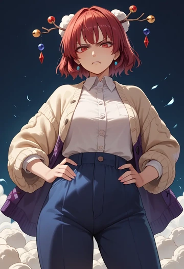 touhou,horikawa_raiko,cardigan,oversized,wide-leg pants  - AI generated anime art