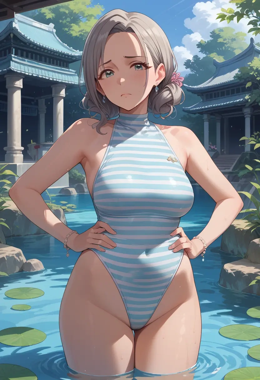 idolmaster,hoshi_syoko,racerback swimsuit,striped trim,name tag patch  - 