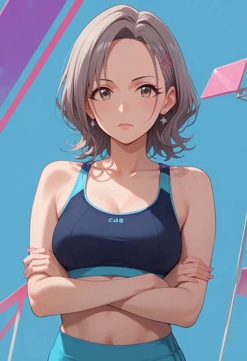 idolmaster,hoshi_syoko,sports bra,wide-leg joggers  - AI generated anime art