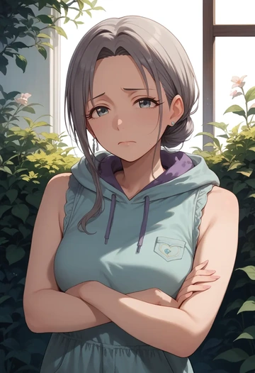 idolmaster,hoshi_syoko,sleeveless hoodie,biker shorts  - AI generated anime art