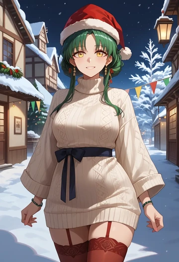 arknights,hoshiguma_(arknights),Christmas,sweater dress,stockings  - AI generated anime art