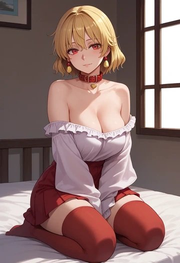 touhou,hoshiguma_yuugi,collar,oversized,Thigh garters  - AI generated anime art