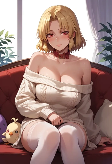 touhou,hoshiguma_yuugi,blushing,collar,off-shoulder,sweater,stockings  - AI generated anime art