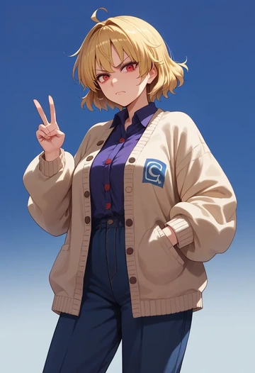 touhou,hoshiguma_yuugi,cardigan,oversized,wide-leg pants  - AI generated anime art