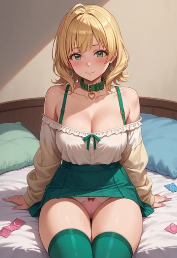 idolmaster,hoshii_miki,blushing,collar, peace sign, condom,mini skirt,Thigh garters  - AI generated anime art