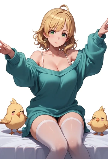 idolmaster,hoshii_miki,cross-legged,off-shoulder,sweater,stockings  - AI generated anime art