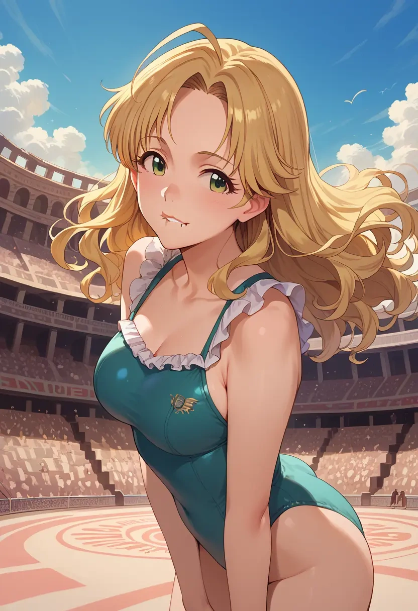 idolmaster,hoshii_miki,retro style swimsuit,frilled neckline,bow detail  - 