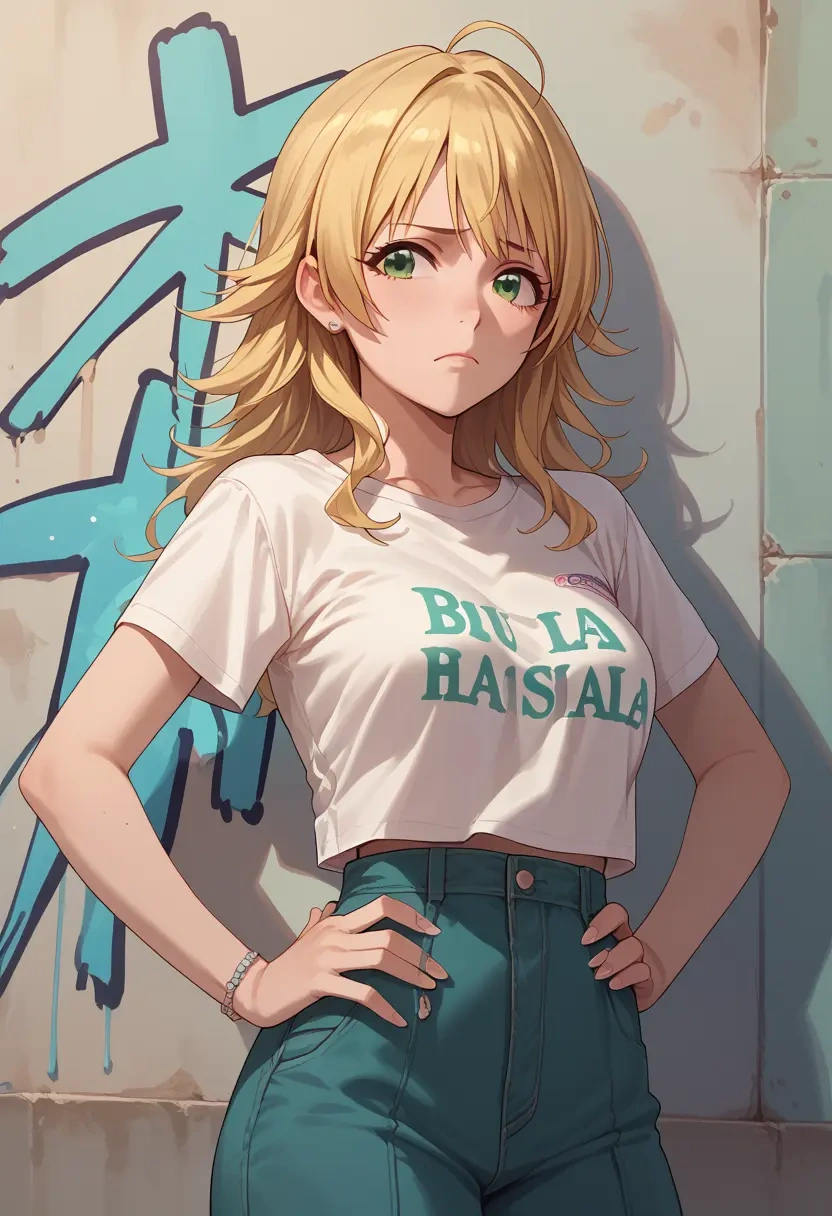 idolmaster,hoshii_miki,crop graffiti tee,dolphin shorts  - 