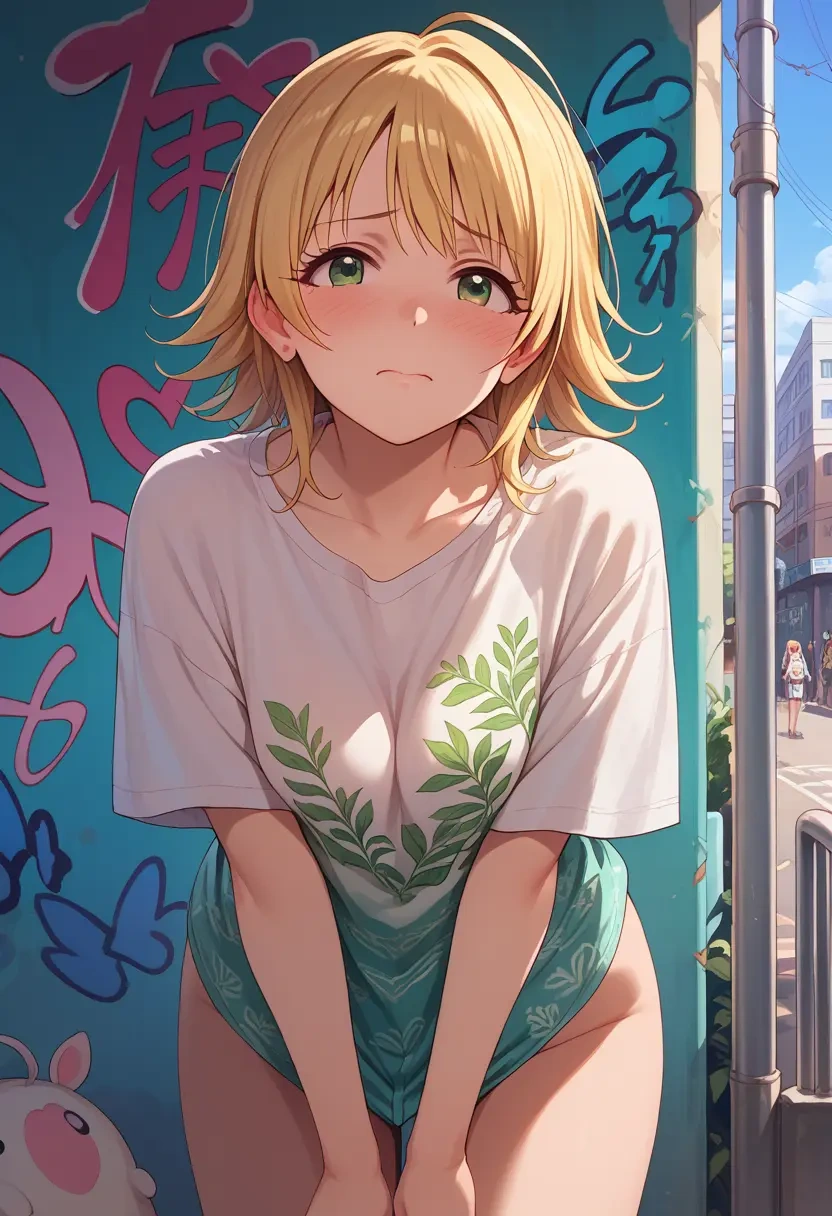 idolmaster,hoshii_miki,oversized graffiti shirt,dolphin shorts  - 