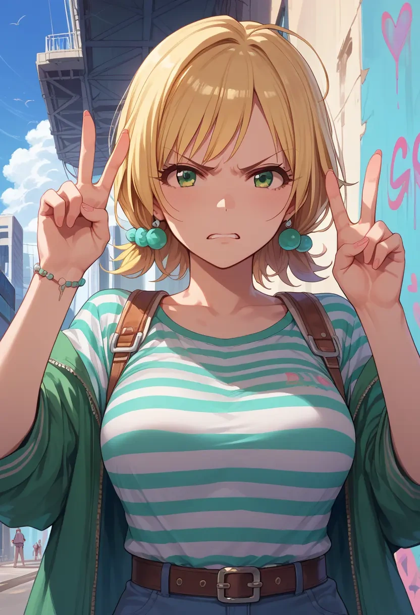 idolmaster,hoshii_miki,striped graffiti blouse,dolphin shorts  - 