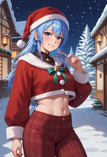 hololive,hoshimachi_suisei_(1st_costume),Christmas,plaid trousers  - AI generated anime art