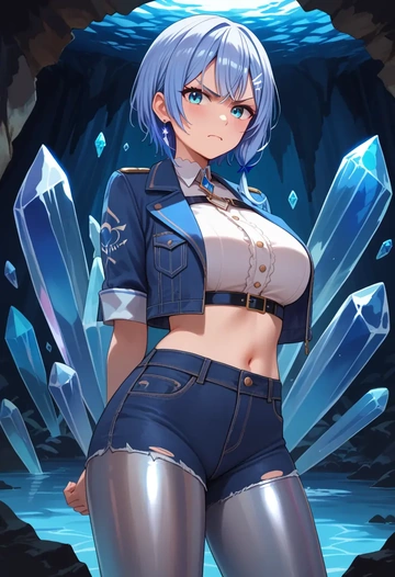 hololive,hoshimachi_suisei_(1st_costume),denim jacket,cropped,leather leggings  - AI generated anime art