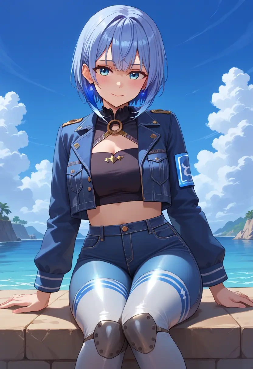 hololive,hoshimachi_suisei_(1st_costume),denim jacket,cropped,leather leggings  - 