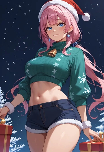 hololive,hoshimachi_suisei,Christmas,red velvet shorts,turtleneck sweater  - AI generated anime art