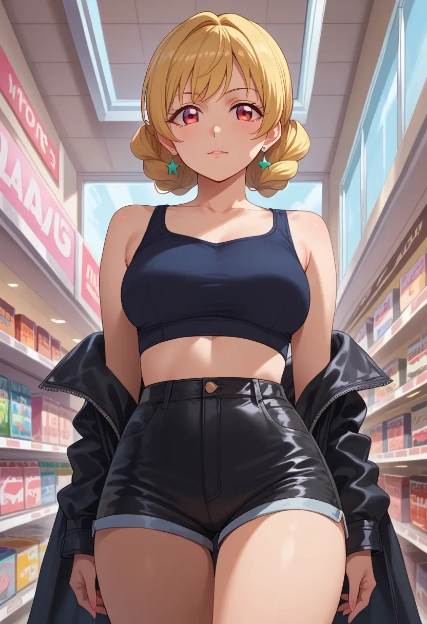 aikatsu!_(series),hoshimiya_ichigo,leather,shorts,crop top  - 