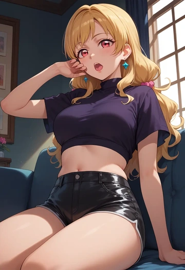 aikatsu!_(series),hoshimiya_ichigo,leather,shorts,crop top  - AI generated anime art