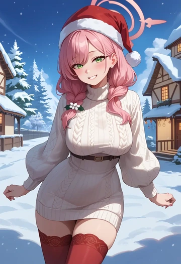 blue_archive,hoshino_(blue_archive),Christmas,sweater dress,stockings  - AI generated anime art