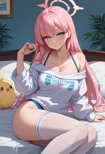 blue_archive,hoshino_(swimsuit)_(blue_archive),cross-legged,Head resting on hand,off-shoulder,sweater  - AI generated anime art