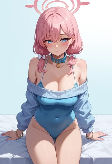 blue_archive,hoshino_(swimsuit)_(blue_archive),blushing,collar,peace sign,off-shoulder,sweater  - AI generated anime art