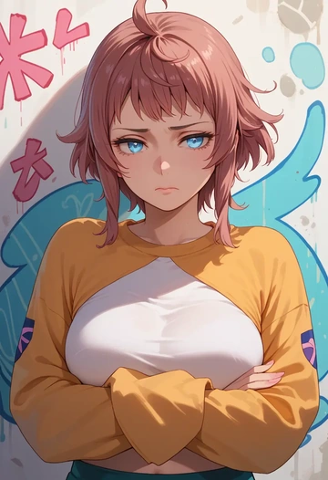 gundam,hoshino_fumina,cropped graffiti sweatshirt,dolphin shorts  - AI generated anime art