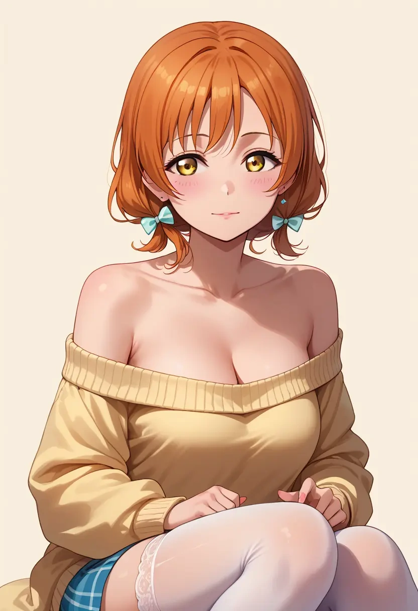 love_live!,hoshizora_rin,cross-legged,Head resting on hand,off-shoulder,sweater  - 