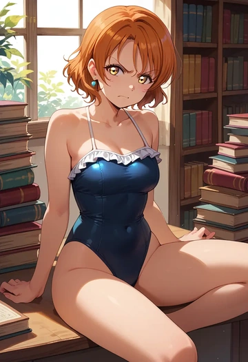 love_live!,hoshizora_rin,retro style swimsuit,frilled neckline,bow detail  - AI generated anime art