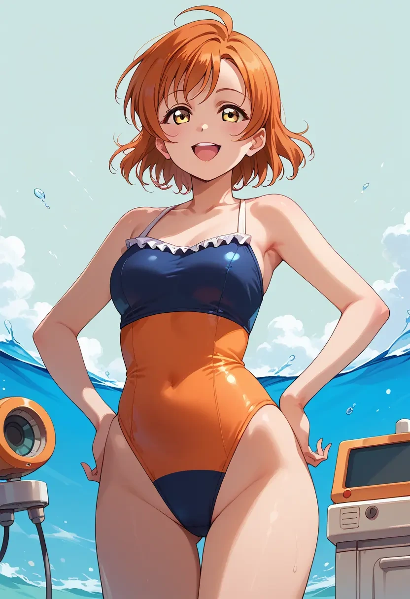 love_live!,hoshizora_rin,retro style swimsuit,frilled neckline,bow detail  - 