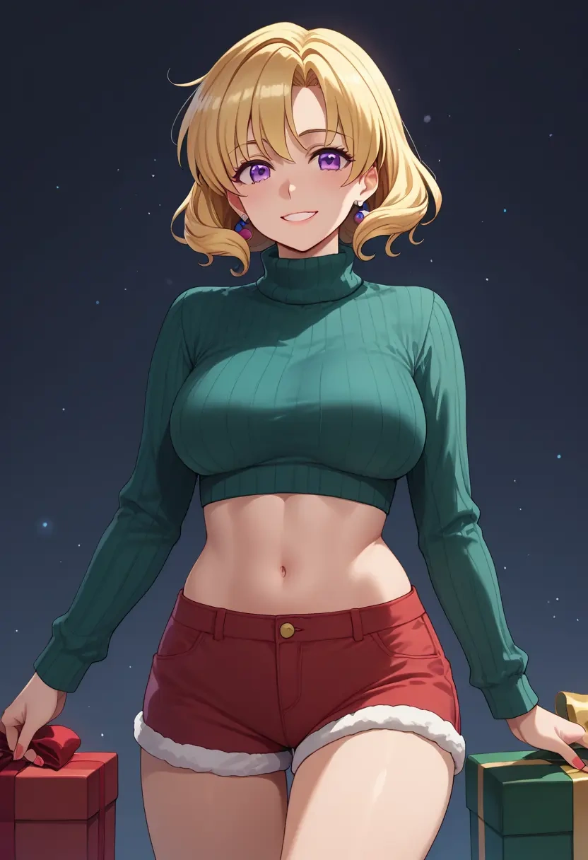 higurashi_no_naku_koro_ni,houjou_satoko,Christmas,red velvet shorts,turtleneck sweater  - 