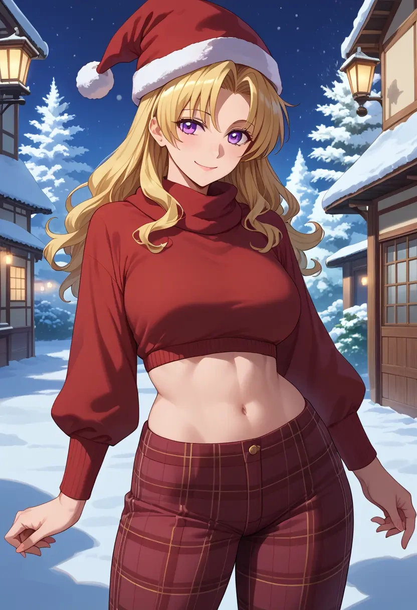 higurashi_no_naku_koro_ni,houjou_satoko,Christmas,plaid trousers  - 