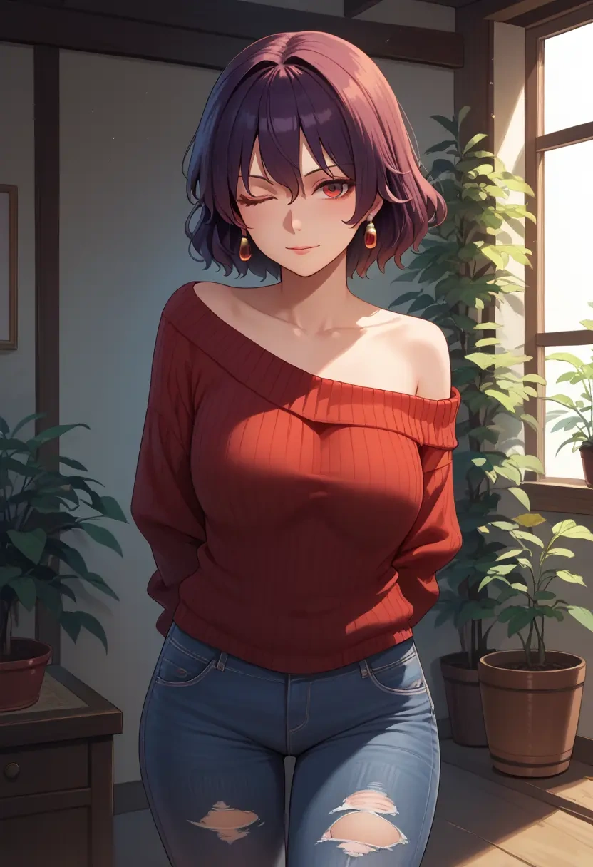 touhou,houjuu_nue,sweater,off-shoulder,ripped jeans  - 