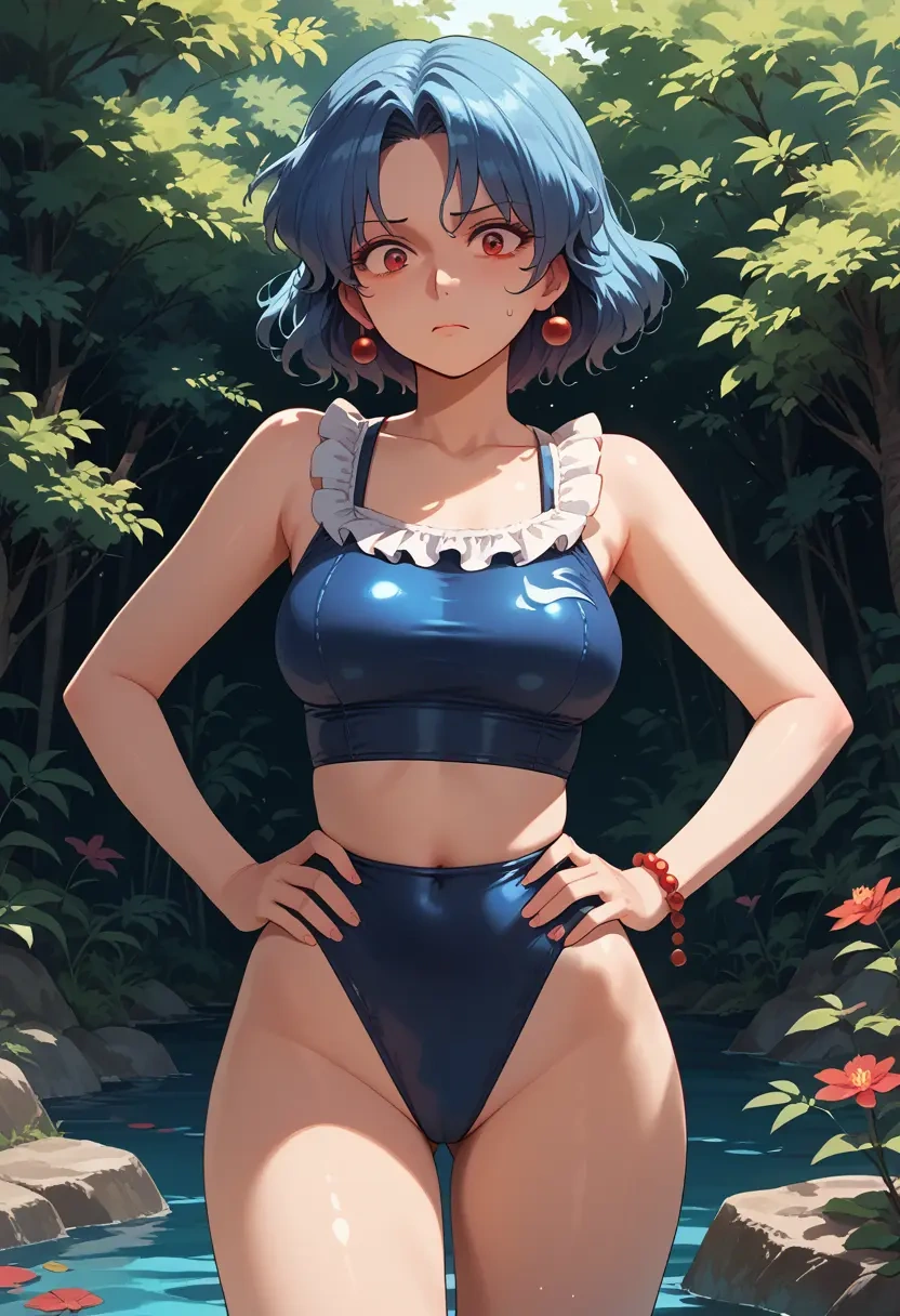 touhou,houjuu_nue,retro style swimsuit,frilled neckline,bow detail  - 