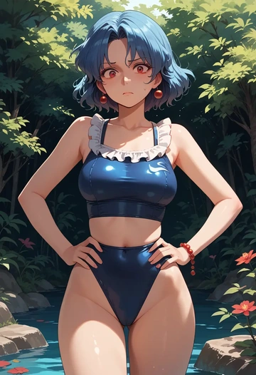 touhou,houjuu_nue,retro style swimsuit,frilled neckline,bow detail  - AI generated anime art