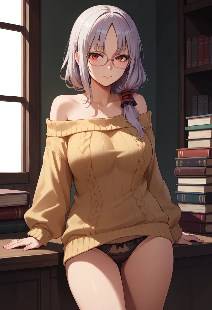 touhou,houraisan_kaguya,off-shoulder,panties,glasses,sweater  - 