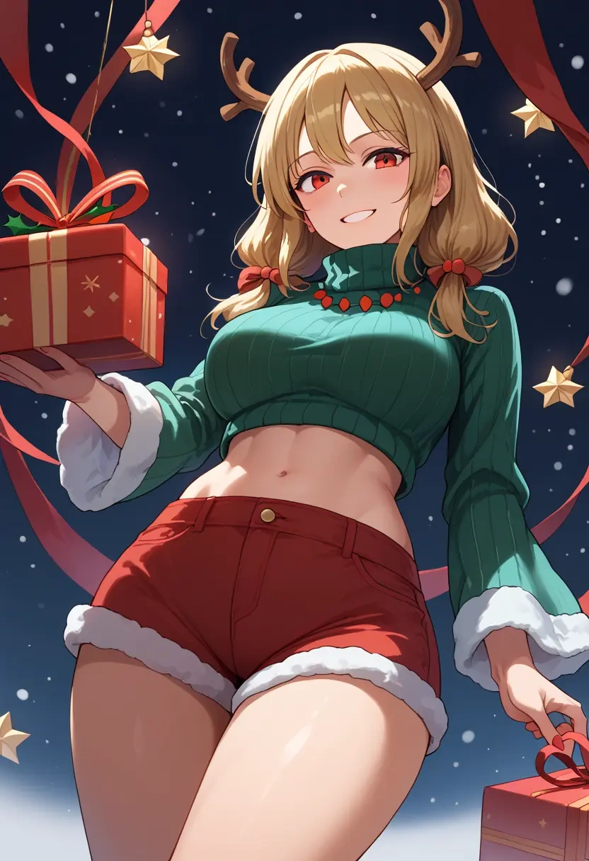 touhou,houraisan_kaguya,Christmas,red velvet shorts,turtleneck sweater  - 