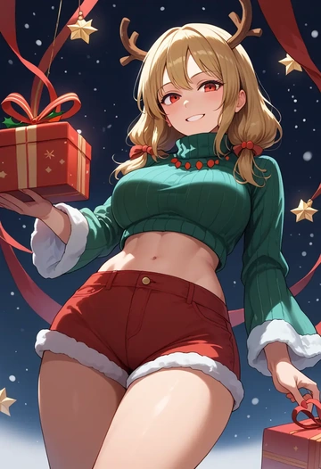 touhou,houraisan_kaguya,Christmas,red velvet shorts,turtleneck sweater  - AI generated anime art