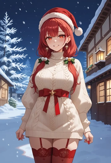 hololive,houshou_marine_(1st_costume),Christmas,sweater dress,stockings  - AI generated anime art