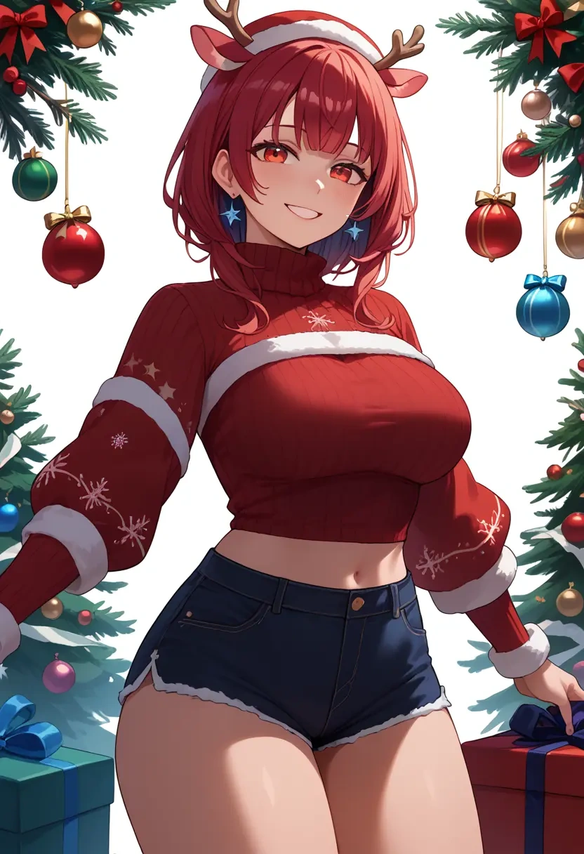 hololive,houshou_marine,Christmas,red velvet shorts,turtleneck sweater  - 