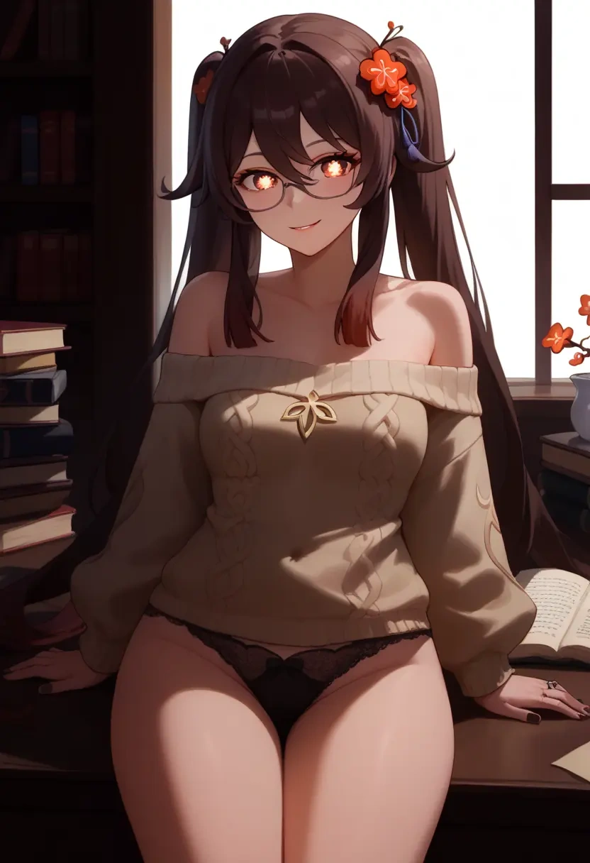 genshin impact,hutao,off-shoulder,panties,glasses,sweater  - 