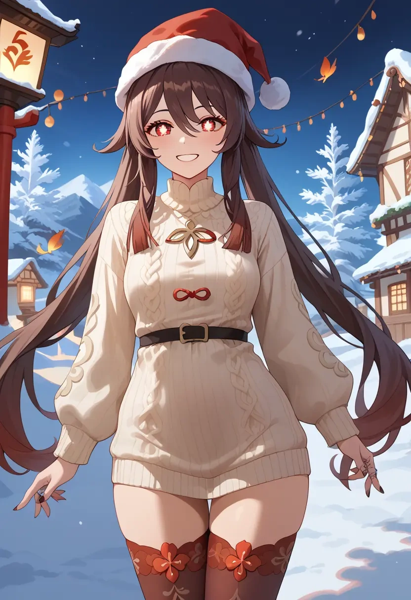 genshin impact,hutao,Christmas,sweater dress,stockings  - 