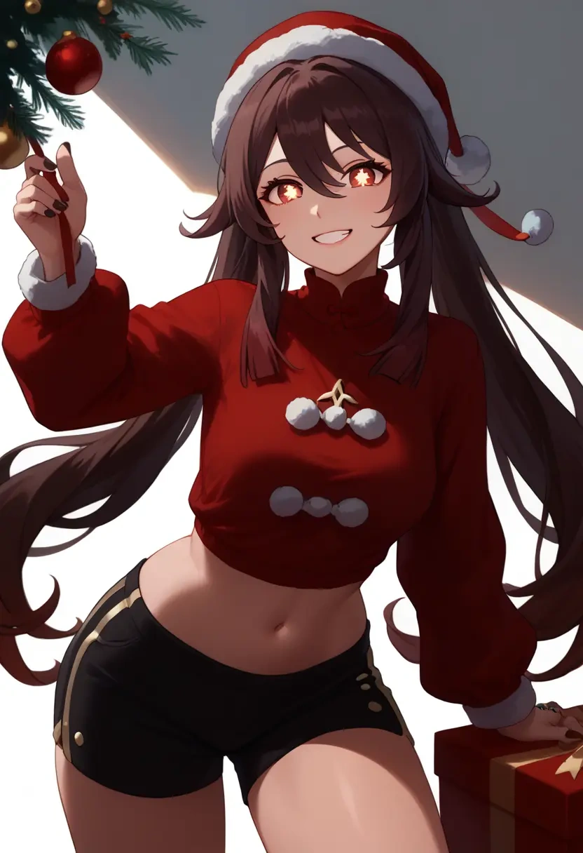 genshin impact,hutao,Christmas,red velvet shorts,turtleneck sweater  - 