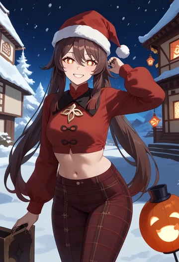 genshin impact,hutao,Christmas,plaid trousers  - AI generated anime art