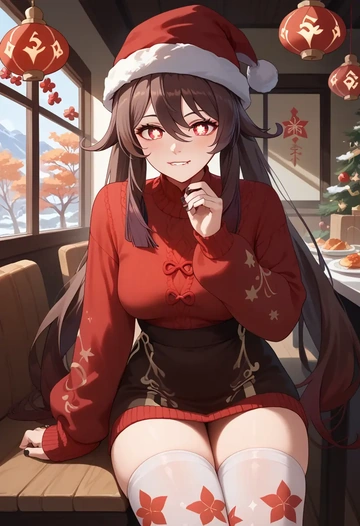 genshin impact,hutao,Christmas,sweater dress,stockings  - AI generated anime art