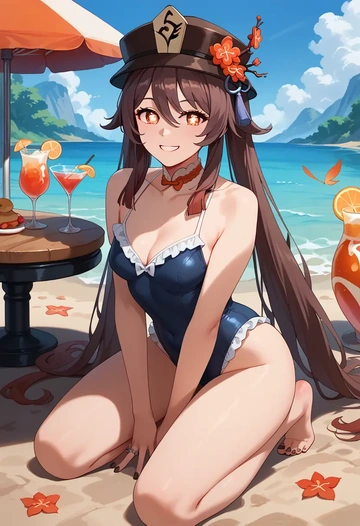 genshin impact,hutao,retro style swimsuit,frilled neckline,bow detail  - AI generated anime art