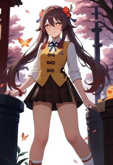 genshin impact,hutao,spring,student uniform,vest  - AI generated anime art