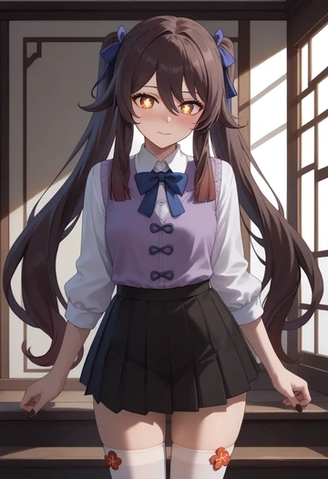 genshin impact,hutao,spring,student uniform,vest  - AI generated anime art