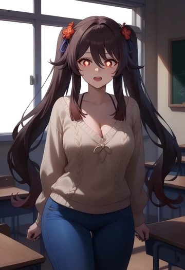 genshin impact,hutao,teacher, sweater, jeans shorts  - AI generated anime art