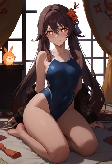 genshin impact,hutao,racerback swimsuit,striped trim,name tag patch  - AI generated anime art