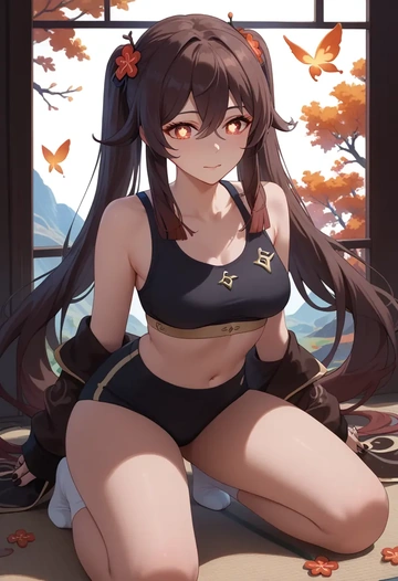 genshin impact,hutao,sports bra,wide-leg joggers  - AI generated anime art